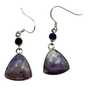 Sterling Silver & Amethyst Lavender Jade Dangle Earrings Triangular Gemstone